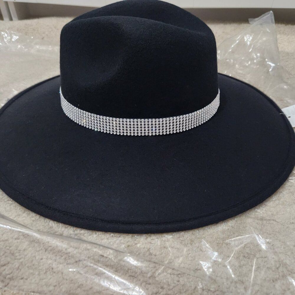 NWT Black Rhinestone-Trim Felt Fedora - Picture 2 of 3